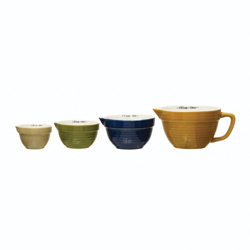 Creative Co-Op Stoneware Batter Bowl, 4 Colors, Set of 4 Measuring Cups, 6" L x 5" W x 3" H, Multicolor