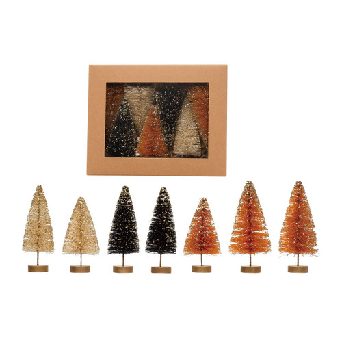 Creative Co-Op Sisal Bottle Brush Trees with Glitter and Gold Wood Bases, Multicolor
