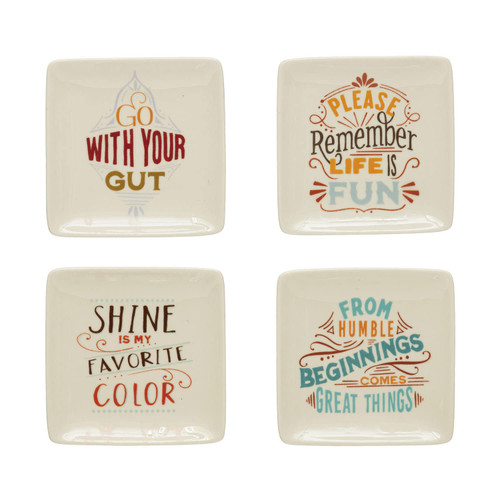Creative Co-Op Stoneware Saying, Set of 4 Plate Set, 4" L x 4" W x 1" H, White