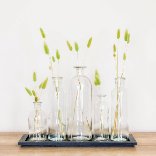Creative Co-Op Black Wood Tray with Glass Bottle Vases, Set of 5 Sizes