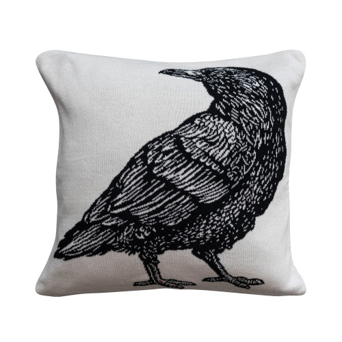 Creative Co-Op 18' Square Two-Sided Cotton Knit Pillow w/Crow, White & Black