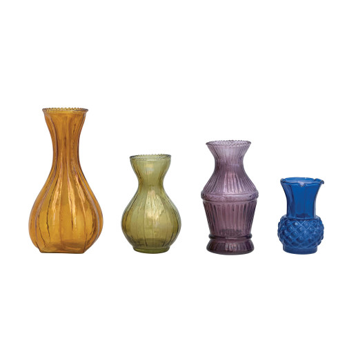 Creative Co-Op Debossed Glass Bud, Set of 4 Sizes, 4 Colors Vase, Multi