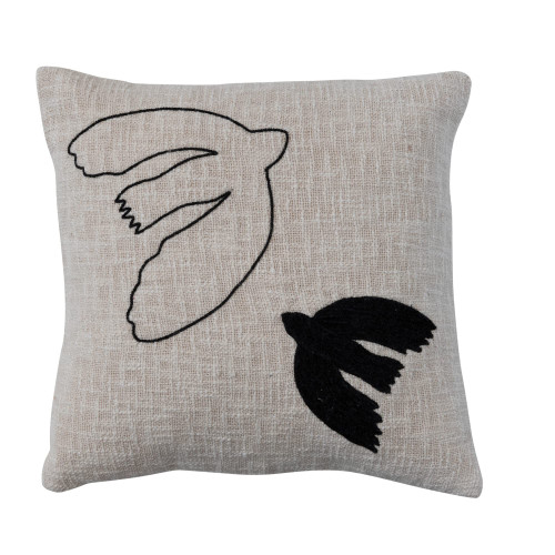 Creative Co-Op Cotton Slub Throw Embroidered Doves, Cream and Black Pillow Cover