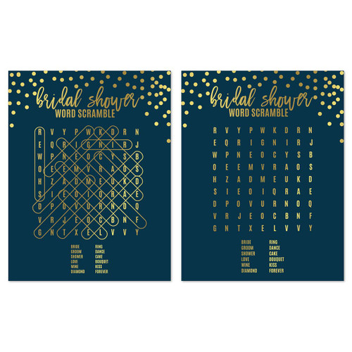 Andaz Press Navy Blue with Gold Metallic Ink Wedding Party Collection, Word Search Bridal Shower Game Cards, 20-Pack