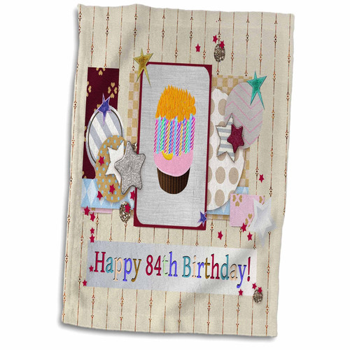 3D Rose Collage of Stars-Cupcake-and Candle-Happy 84Th Birthday Hand Towel, 15" x 22", White