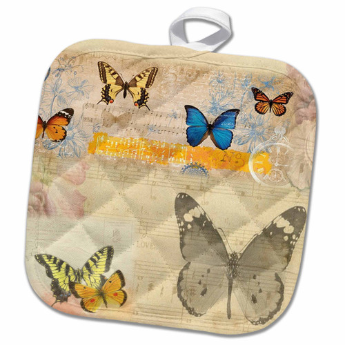 3D Rose Image of Butterflies On Aged Music Sheet Pot Holder, 8 x 8