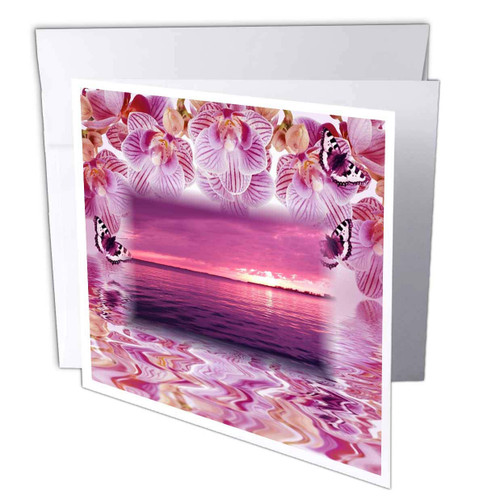 3dRose Florene - Decorative III - Image of Orchids Butterflies And Sunset - 6 Greeting Cards with envelopes (gc_233037_1)