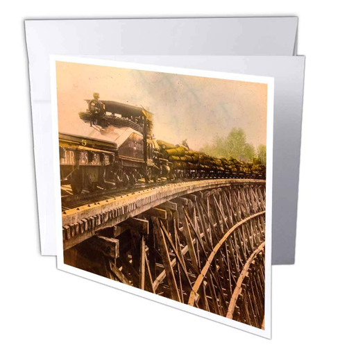 3dRose Scenes from the Past Magic Lantern Slide - Magic Lantern Vintage Steam Locomotive Logging Train Wooden Bridge - 6 Greeting Cards with envelopes (gc_240528_1)