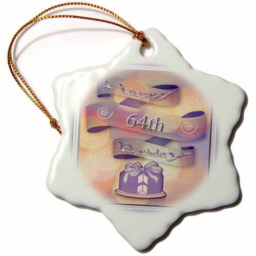 3dRose orn_24423_1 Ribbon and Cake Happy 64th Birthday Porcelain Snowflake Ornament, 3-Inch