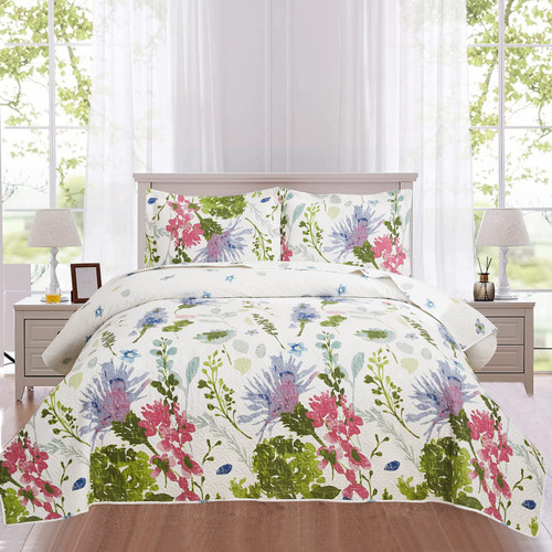 Ycosy Floral Quilt Set Full/Queen Size Reversible Flower Bedspread Queen Summer Lightweight Quilt Bedding Purple Floral Quilts Green Leaves Coverlet Home Quilts Collections with 2 Pillow Shams