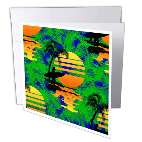 3dRose Beach Pattern of a Surfer Silhouette in Front of a Ocean Sunset. - Greeting Card, 6 by 6-inch (gc_296235_5)