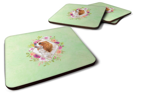 Caroline's Treasures CK4286FC Cavalier King Charles Spaniel Green Flowers Foam Set of 4 Coasters, Multicolor