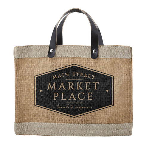 Santa Barbara Design Studio Main Street Farmers Market Tote, Reusable Burlap Grocery Bag with Leather Handle, Purse for Beach or Picnics, Food Lovers Gift Idea, 12.5 x 9.5 Inches