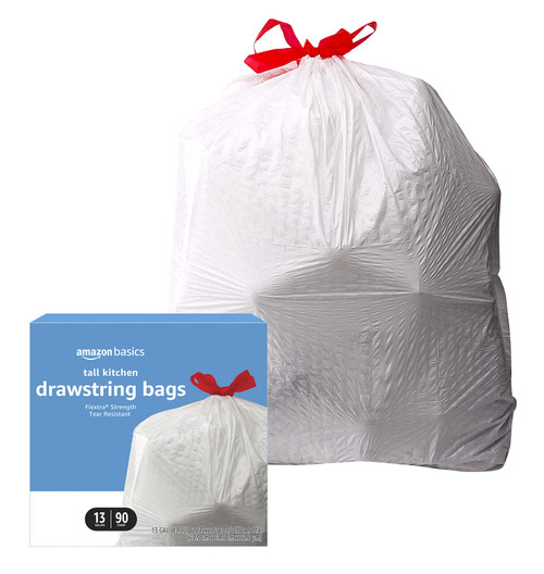 Amazon Basics Flextra Tall Kitchen Drawstring Trash Bags, Unscented, 13 Gallon, 90 Count