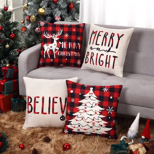 CAROMIO Christmas Decorations Christmas Pillow Covers 18x18 Set of 4 Farmhouse Throw Pillow Covers Merry Christmas Pillow Covers Cushion Case for Sofa Couch