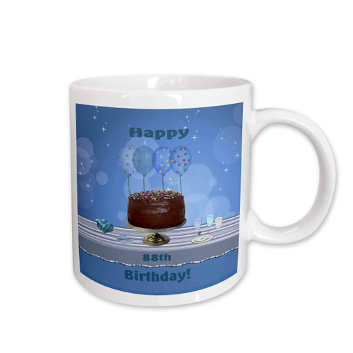 3dRose 88Th Birthday Party with Chocolate Cake and Blue Balloons Mug, 11 oz, Ceramic