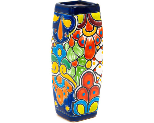 Enchanted Talavera Mexican Ceramic Pottery Flower Vase Handmade Floral Pattern Centerpiece Flower Pot (Cobalt)