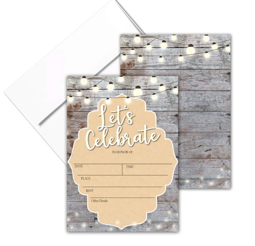 Let's Celebrate - Rustic Fill-in Party Invitations with Envelopes - 25 Invites & Envelopes - Wedding, Baby Shower, Rehearsal Dinner, Birthday Party (Lets Celebrate)