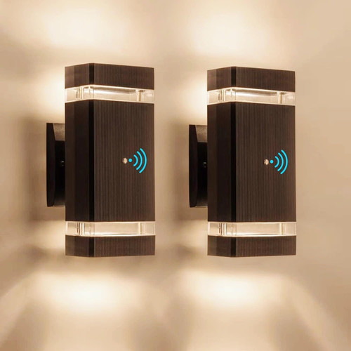 OUTKEIEI Dusk to Dawn Sensor Outdoor Wall Sconces, LED Square Up and Down Wall Light, Black Aluminum Waterproof Exterior Wall Lamps for Front Door Backyard Garage 2 Pack