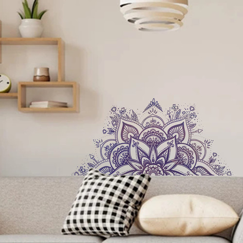 Boho Mandala Wall Decal Headboard Lotus Yoga Arch Wall Sticker Indian Bohemian Mandala Flower Wall Decor Peel and Stick Wall Decal for Living Room Bedroom TV Wall Decoration (Purple)
