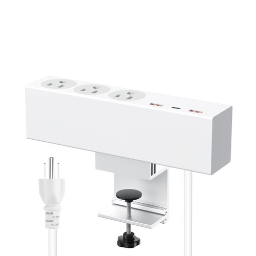 Desk Clamp Power Strip with USB-A and USB-C Ports, clamp Power Strip Outlet with 3 AC, Desk Clamp Power Strip Fast Charging Station, 4.9 FT Flat Plug, Desk Mount Power Strip for 1.8" Tables.