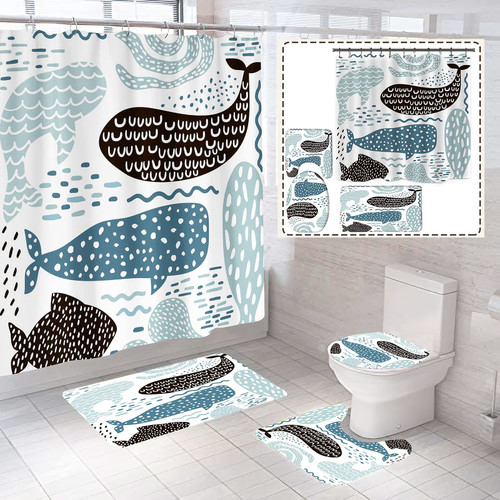 Jefuzh 4 Pcs Sets Nautical Sea Animal Shower Curtain Set with Toilet Lid Cover, Bath Mat and Non-Slip Rugs,Waterproof Durable Abstract Whale Shower Curtains with 12 Hooks.
