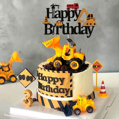 Sleyberoy Construction excavator Happy birthday cake Topper - truck excavator roller theme decorations, kids construction theme cake, outdoor sunshine birthday party supplies for boys and girls
