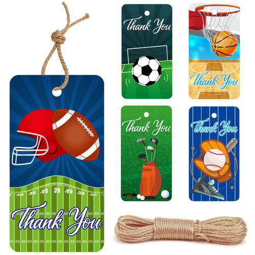 Sports Thank You Tags Cards 120 Pieces Football Soccer Basketball Golf Baseball Gift Card for Birthday for Soccer Party Celebration Boys Girls Baby Shower Balls Game Themed Birthday Party Supplies