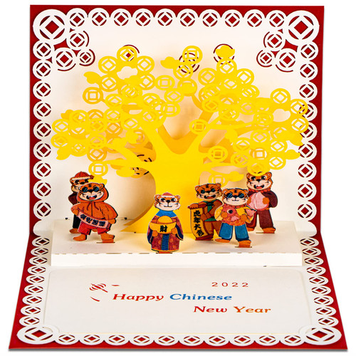 FaCraft Happy Chinese New Year Card 2022 Pop Up Greeting Card with Envelopes,Cute 3D Chinese Card,2022 Year of the Tiger Greeting Cards Gift for Family Kids Colleagues Friends