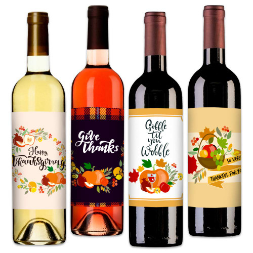 Hohomark 4 PCS Wine Bottle Label Sticker Thanksgiving Party Wine Bottle Decorations - Gobble Til You Wobble,Give Thanks - Wine Bottle Cover Gift Set for Thanksgiving Party Decor