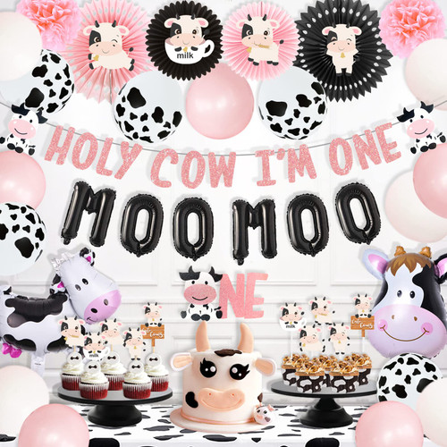 Holy Cow I'M One Birthday Decorations for Girl, Homond Pink Cow 1st Party Supplies Banner Cake Topper MOO MOO Foil Balloon Cow Print Balloon Pom Poms