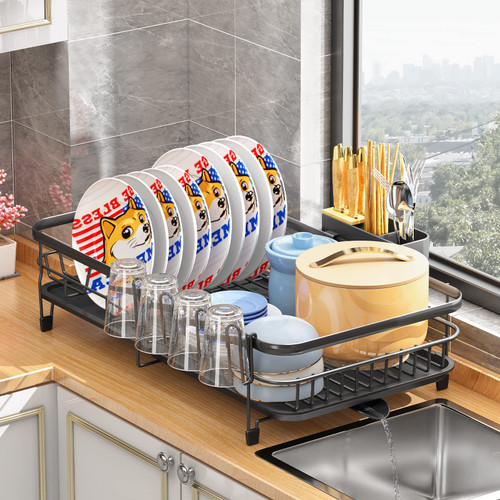 Dish Drying Rack, Expandable(12.8"-21.5") Dish Racks for Kitchen Counter, Large Dish Rack with Drainboard, Dish Drainer Organizer with Utensil Holder, Cup Rack (Silver)