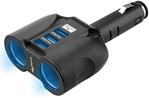 120W 2-Socket Car Cigarette Lighter Splitter Car Charger Adapter 12V/24V DC Outlet, Dual USB + QC 3.0 3-Port Car Charger Compatible with iPhone Samsung Cell Phone, Tablet, GPS, Dash Cam