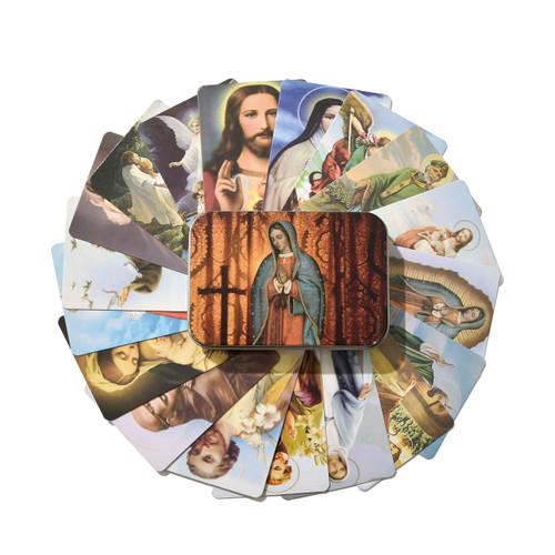 3X2.1Inch Catholic Paper Prayer Card With Metal Box,Assorted Holy Cards with Catholic Saints and Prayers-36Pcs