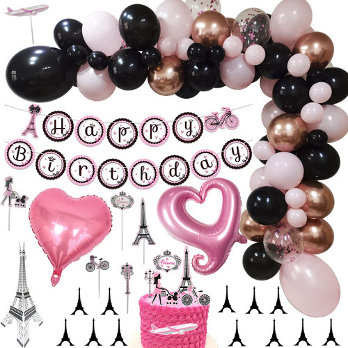 Paris Party Decorations Set - Paris Party Supplies with Paris Balloons Garland,Paris Happy Birthday Banner,Eiffel Tower Cake toppers Stickers Cutout for Paris Birthday Party Decorations