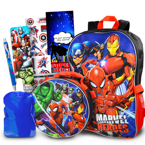 Marvel Shop Marvel Avengers Backpack for Boys, Girls, Kids - 7 Pc Bundle With 16 Marvel Superhero School Bag, Avengers Lunch Bag, Water Pouch, Stickers, And More (Avengers School Supplies), Large