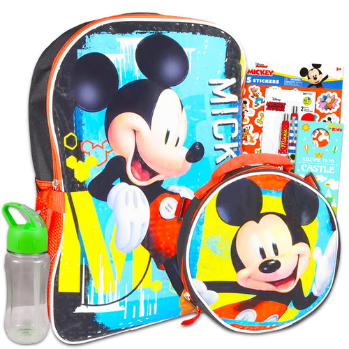 Mickey Mouse Backpack for Boys, Girls, Kids - 6 Pc Bundle with 16 inch Backpack, Lunch Box, Stickers, More (Mickey School Supplies)