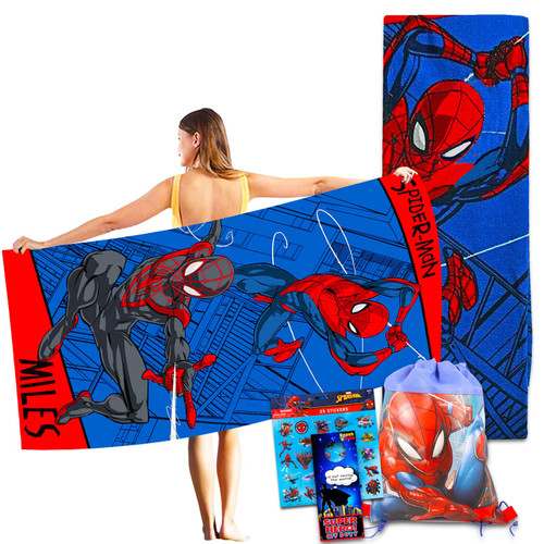 Marvel Spiderman Towel Set for Kids - Bundle with Giant Spiderman Microfiber Towel, Drawstring Bag, Tattoos and More (Spiderman Pool Set)