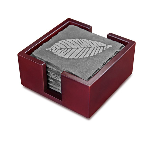 Artaste 28492 Slate Coasters with Etched Leaf, Set of 6 with Solid Wood Holder