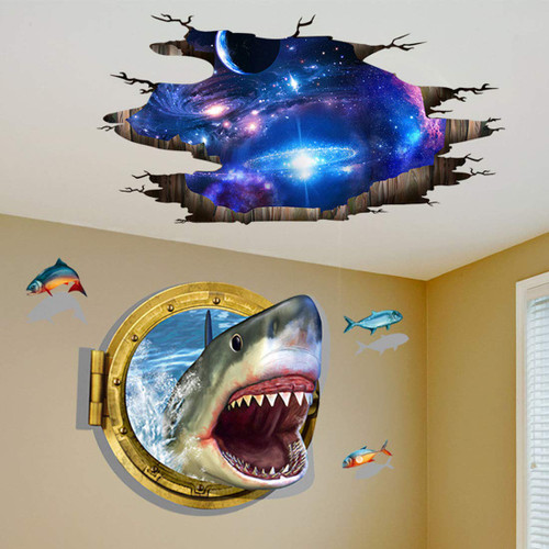 SENGTER 2PACK Self-Adhesive 3D Wallpaper Removable Universe Galaxy Wall Stickers Shark Wall Decals Ocean Decor Wall Art Outer Space Wall Murals Peel and Stick Wall Decorations for Living Room