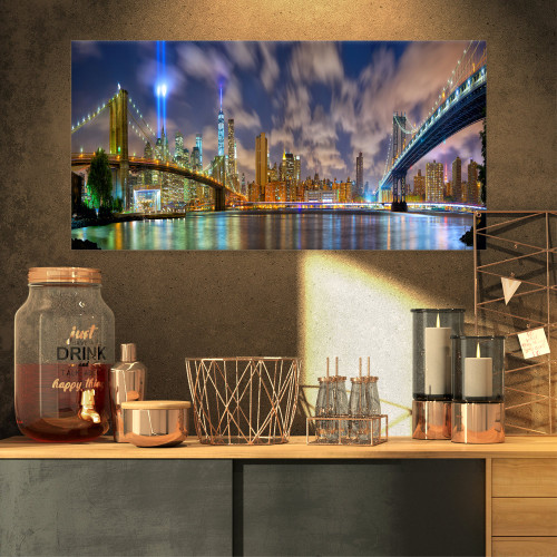 Designart PT10094-32-16 Manhattan in Memory of September 11-Cityscape Canvas print-32X16, 32x16, Blue Designart PT10094-32-16 Manhattan in Memory of September 11-Cityscape Canvas print-32X16, 32x16, Blue