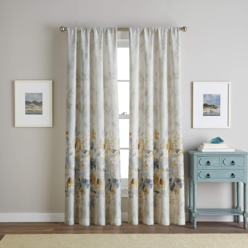 CHF Watercolor Floral Print Flip Over Rod Pocket Single Curtain Panel, 95 in, Gold