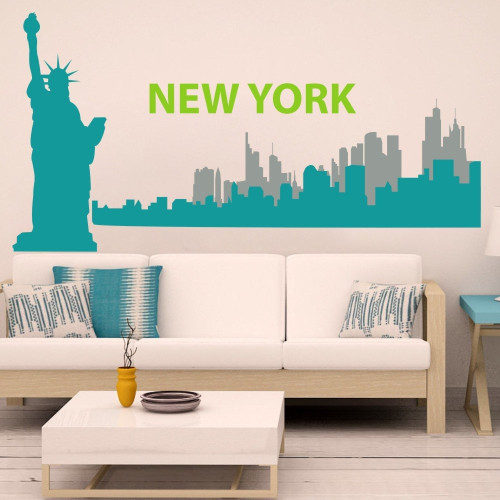 Vinyl New York Wall Decal New York City Wall Sticker New York Skyline Wall Mural Wall Graphic Living Room Art Decor C(Liberty:Teal;city1:Teal;city2:Slate Gray;Words:Lime-Tree Green)