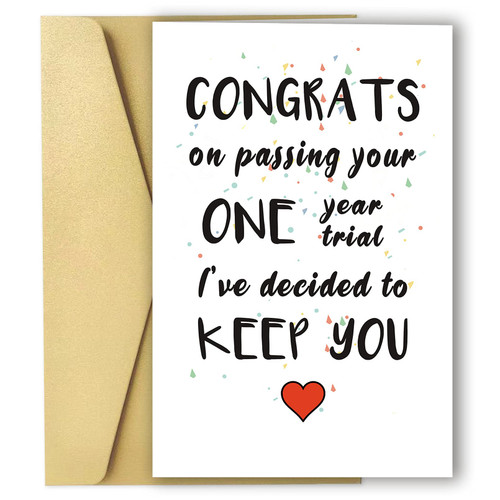 Funny First Anniversary Card for Boyfriend, Humorous 1 Year Anniversary Card for Girlfriend, Card for Husband Wife, Congrats On Passing Your One Year Trial
