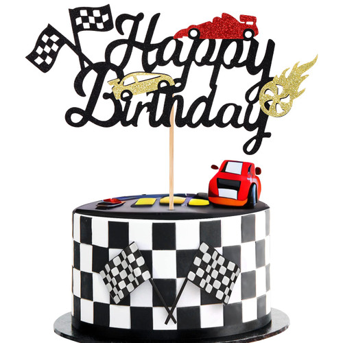 PAFUWEI 1 Pcs Race Car Cake Topper Happy Birthday Cake Topper Glitter Happy Birthday Sign Cake Decorations with Checkered Flag Racing Car Cake Topper Sports Party Supplies for Boys Girls
