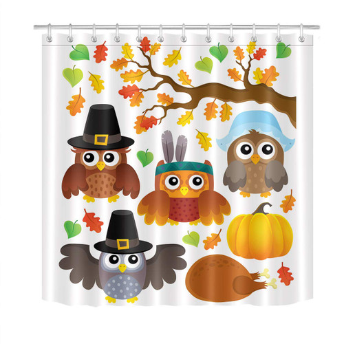 LB Autumn Leaf Cute Owl Shower Curtain Thanksgiving Turkey Fall Pumpkin Kids Bathroom Curtain with Hooks 72x72 inch Waterproof Polyester Fabric Bathroom Set