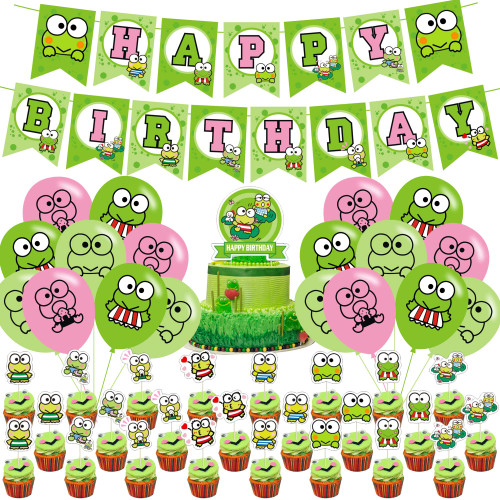 The Frog of Keroppi Birthday Party Decorations, Cartoon Big-Eyed Frog Theme Birthday Supplies set with Happy Birthday Banner,Cake Toppers,Balloons for Cartoon Party Supplies Decor