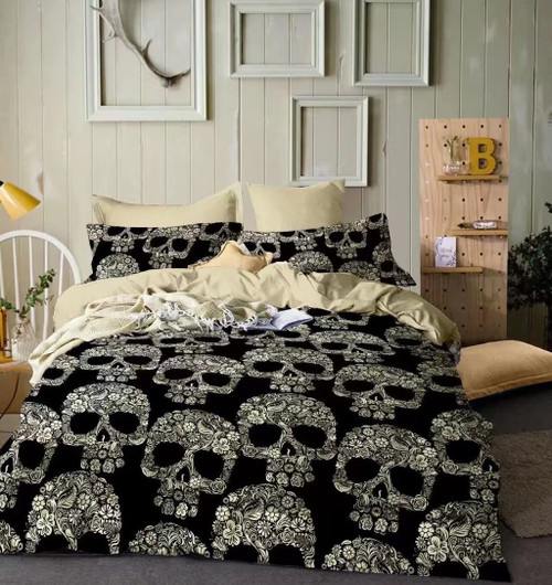 Cliab Gothic Bedding Set Queen Size Skull Bedding Black and White Floral Halloween Skeleton Duvet Cover Lightweight Microfiber 3 Pieces