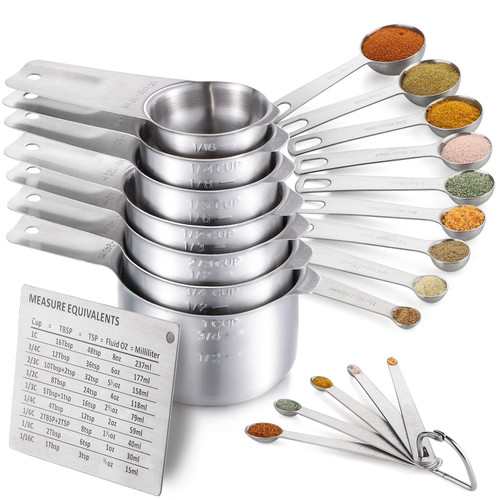 Stainless Steel Measuring Cups Spoons Set Includes 7 Nesting Metal Measuring Cups 9 Measuring Spoons 5 Mini Measuring Spoons and 1 Measuring Conversion Chart, Kitchen Gadgets for Cooking & Baking