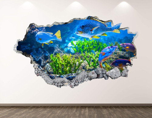 West Mountain Aquarium Wall Decal Art Decor 3D Smashed Coral Reef Fish Sticker Poster Kids Room Mural Custom Gift BL167 (30" W x 18" H)